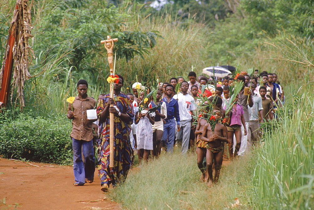 Republic of Congo (formerly Zaire) Ituri Forest. A Sunday procession before a mass at a Catholic mission.