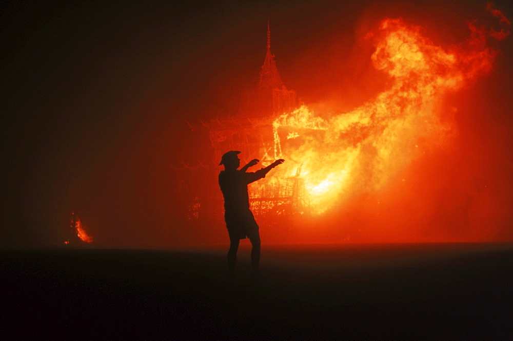 Burning the mausoleum. Sunday September 2, 2001 Burningman festival at Black Rock desert Nevada.