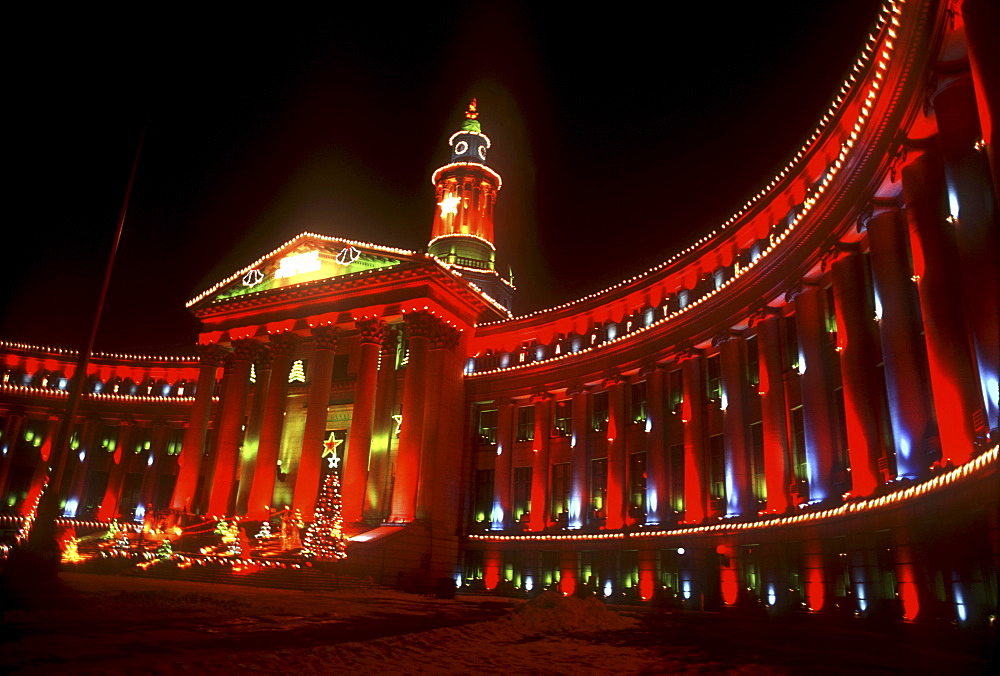 The City, County Bulding in Denver, Colorado with Christmas lights up.