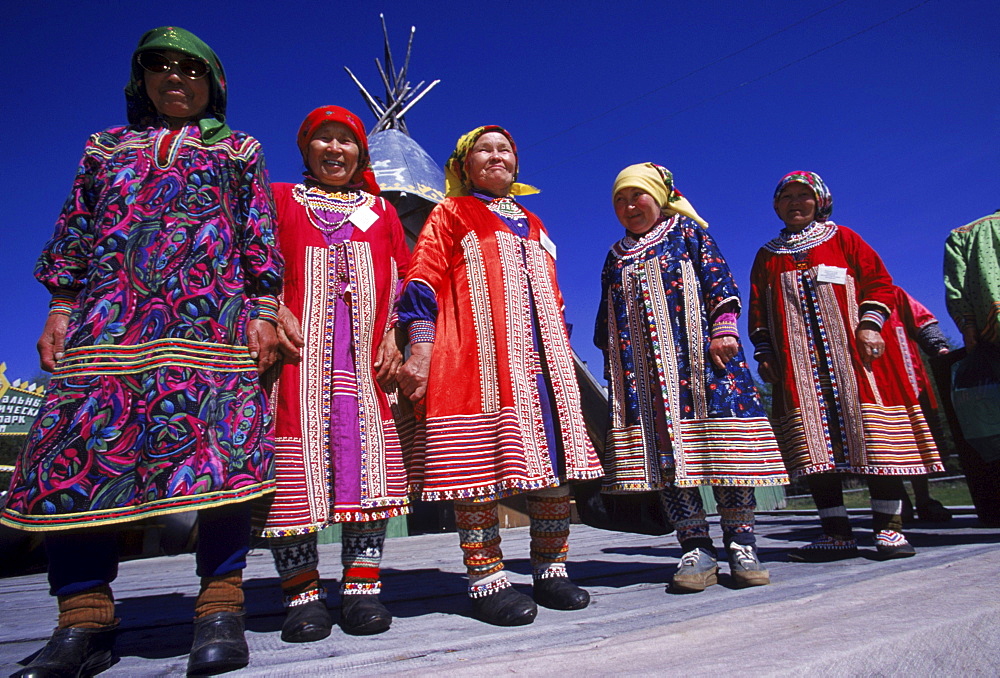 Khanty women on stage at a cultural festival in Kazym.