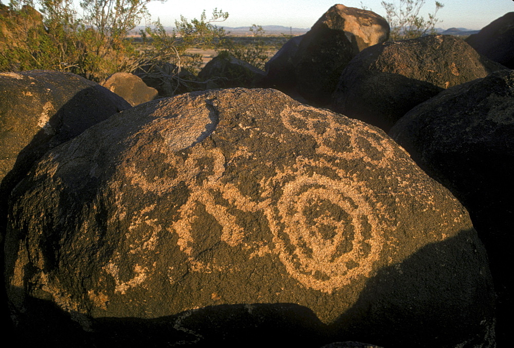 Prehistoric rock art (petroglyphs) near Gila Bend, Arizona.
