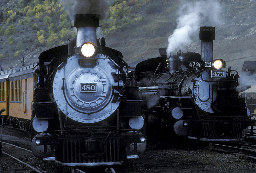 Coal-fired, steam-powered locomotive at the home yard of the Durango & Silverton Narrow Gauge Railroad, Durango, Colorado