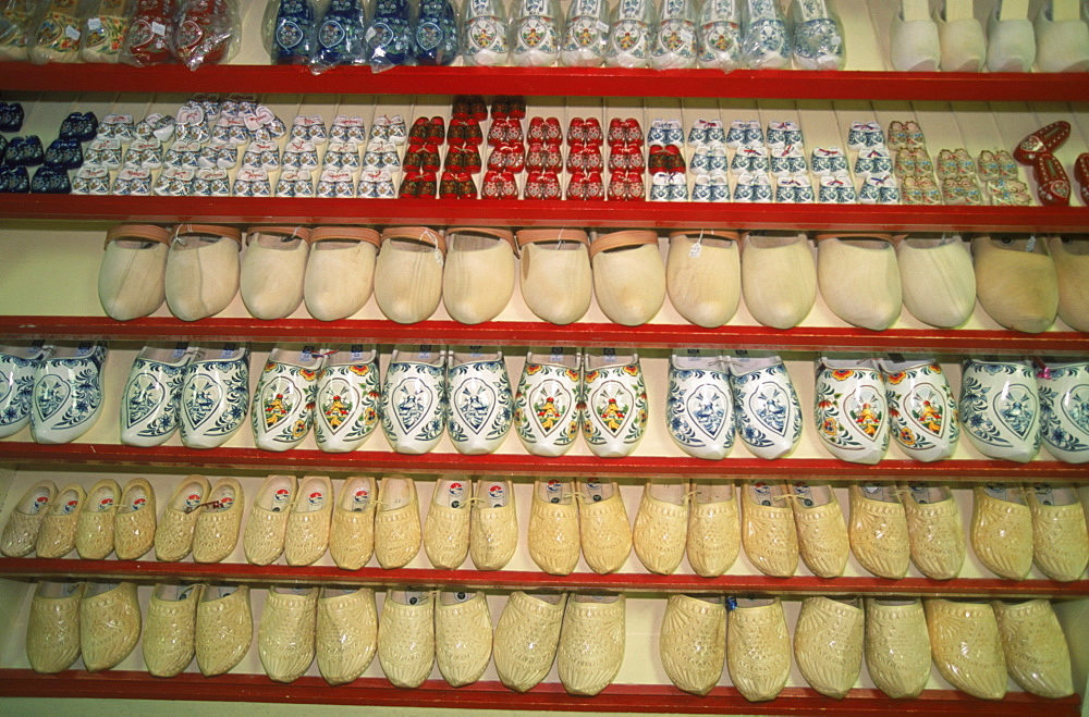 Wooden shoes, kloopen, for sales at the Dutch Village retail store. The Dutch Village is a theme park of authentic Dutch architecture, brick walkways, canals, gardens and special presentations depicting life in a typical village in the Netherlands in the late 1800s. The village is called Noordhuizen