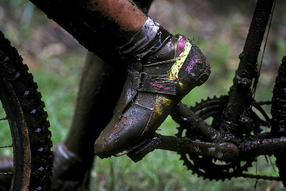 Muddy racer at a mountain bicycle race held in Durango, Colorado in 1992 during the first years of the sport. Durango was and has been a Mecca for Mountain bikers throughout the nation.