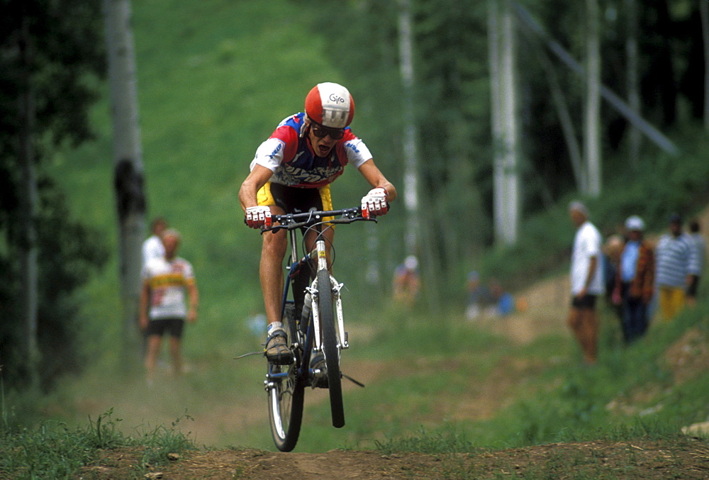 Well known racer, Greg Herbold, races in the 1990 World Mountain Bicycle Championships held in Durango, Colorado. Durango was and has been a Mecca for Mountain bikers throughout the nation. The 1990 championships were the first ever unified world championships.