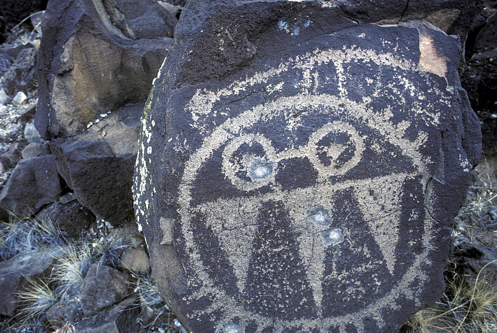 Prehistoric petroglyph with bullet holes in northern New Mexico