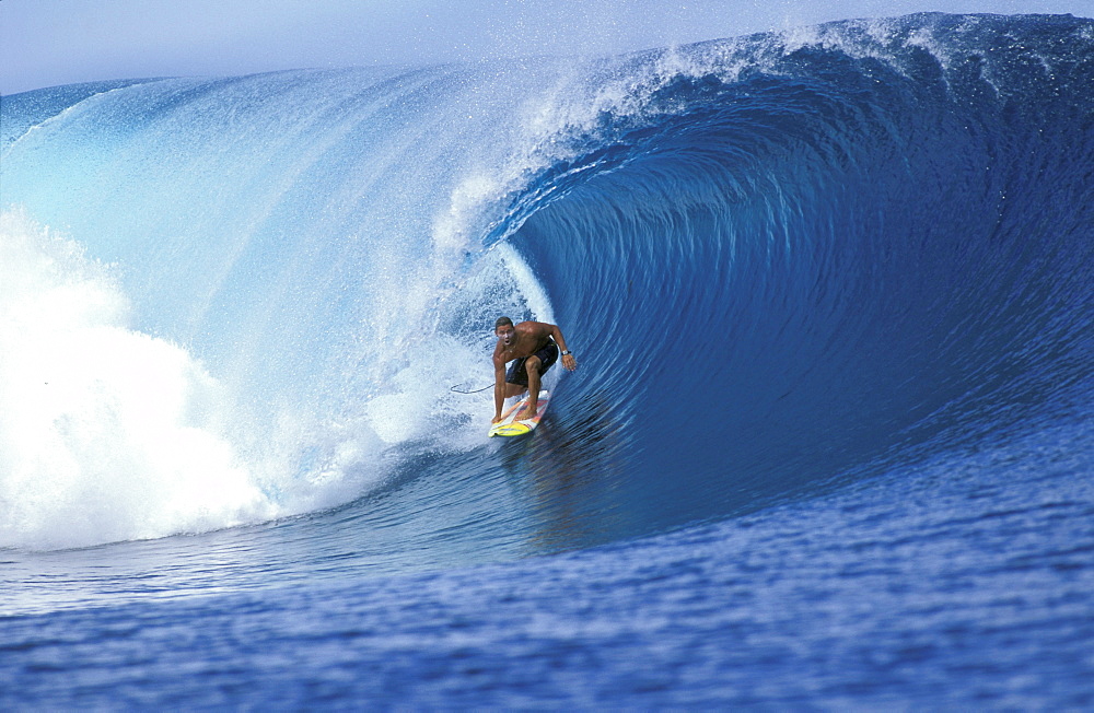 Surfer Pancho Sullivan in the tube at Teahupoo, on the island of Tahiti in French Polynesia.