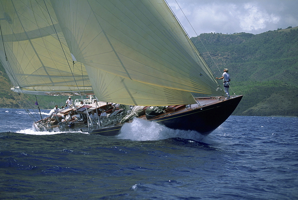 The 130' J-Class yacht, 'Valsheda', races to windward, sailing in the Antigua Classic Yacht Regatta, British West Indies.