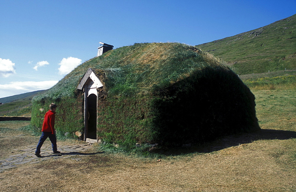 Reconstructed turf house at Eiriksstadir, the homestead of Eirikur Raude (father of Leifur Eiriksson) in western Iceland.