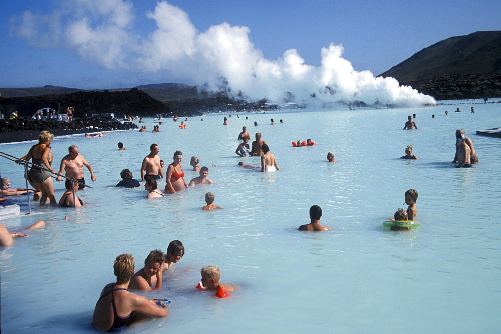 Tourists at the Blue Lagoon near Reykjavik, Iceland