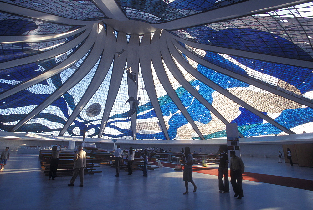 Interior of the modern Metropolitan Cathedral in Brasilia, the futuristc capital of Brazil.