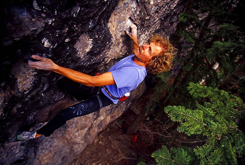 Jim Hurst climbing "Big Bird" rated 5.12 near Telluride, Colorado, USA