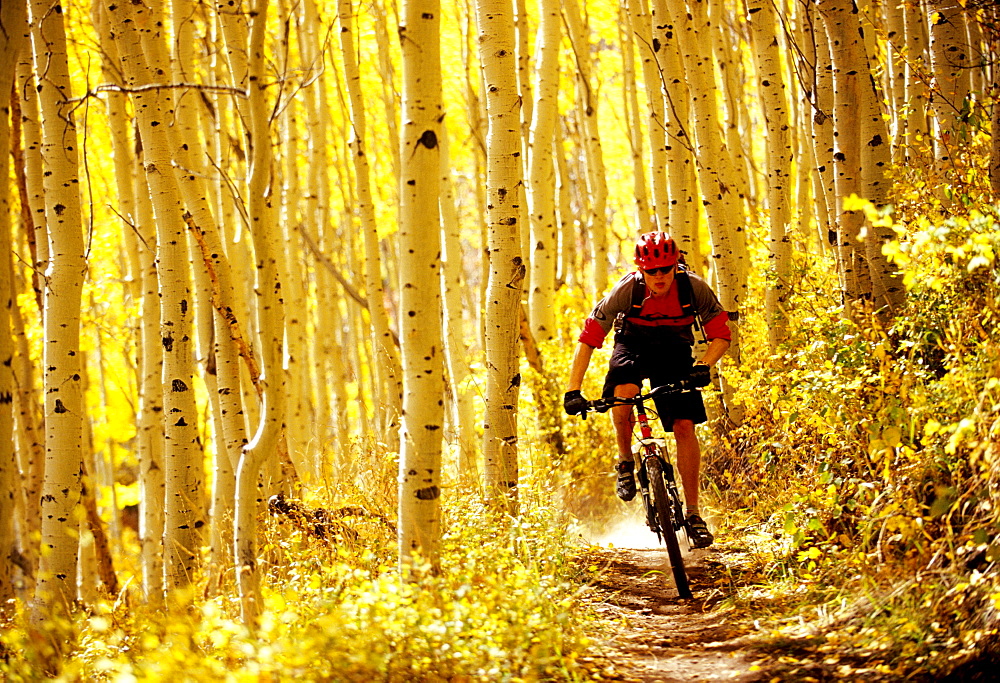 Alex Grant rides his bike on a dirt trail in Park City, Utah.