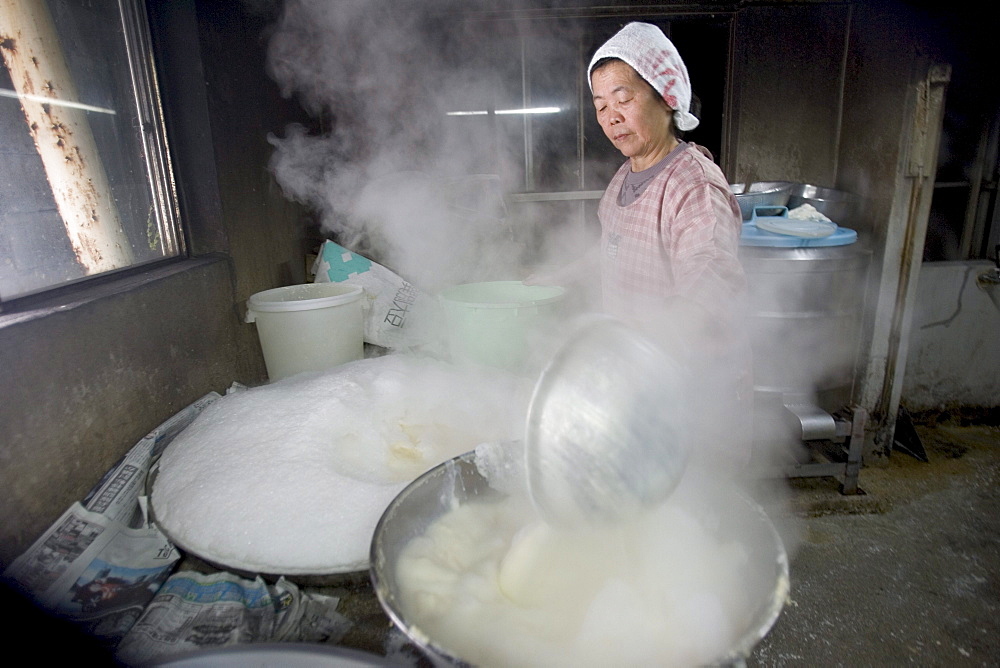 Kazuko Uezu, age 65, makes tofu before dawn in her small shop in the village of Hedo.  Despite 50 years of practice "every batch tastes slightly different" says Kazuko who rises at 4-am seven days a week to make tofu.  Traditional methods and a small production produces subtle variations in every batch despite the fact that tofu has only two ingredients, salt water and soy beans.  Kazuko get the salt water from the East China Sea (just down the road from her house) but the soybeans come from America.  Okinawan centenarians eat tofu daily and it is believed the high flavanoid content in tofu contributes to their longevity.  Flavanoids are known to fight breast and prostate cancer and believed to combat heart disease.