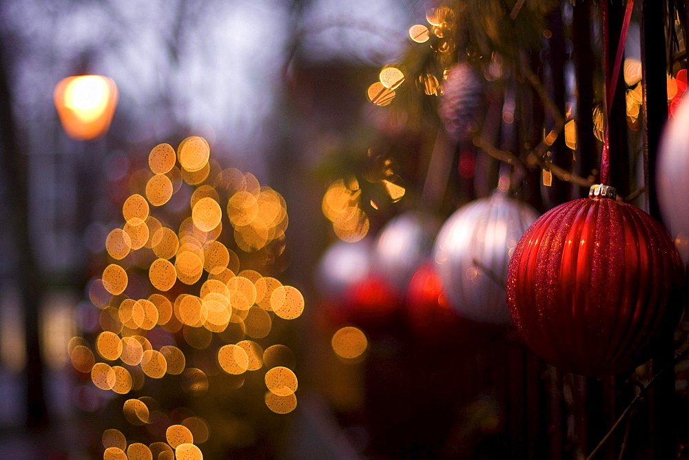 Holiday decorations light up Nantucket during the annual Christmas Stroll.  During the event residents and shop owners decorate their storefronts and homes