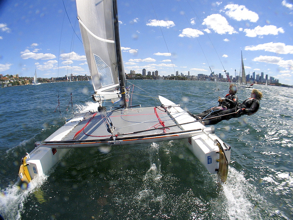 The Tornado Multihull Olympic class at the Sydney International Regatta.The skipper is Andrew Macpherson.