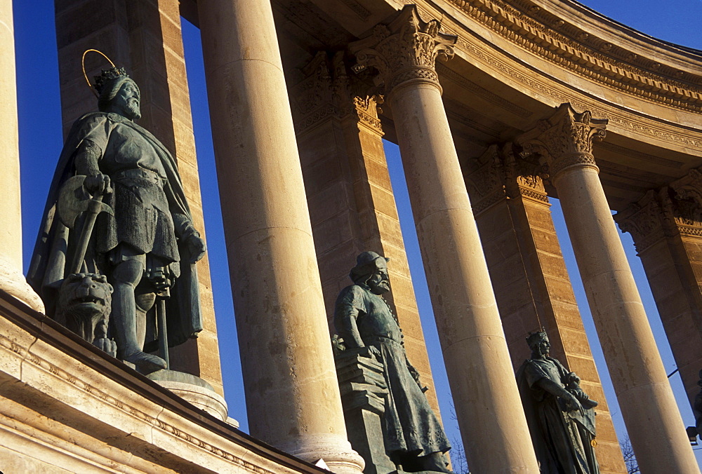 Detail of the Millenary Monument in Heroes Square in the Pest section of Budapest, Hungary.