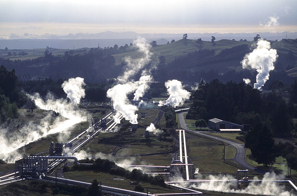 Geothermal power plant borefield. Waitakei, New Zealand.