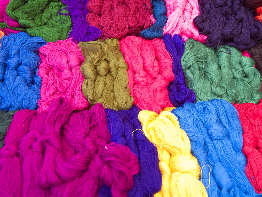 Colorful yarn for sale in the main market in Solola, Guatemala.