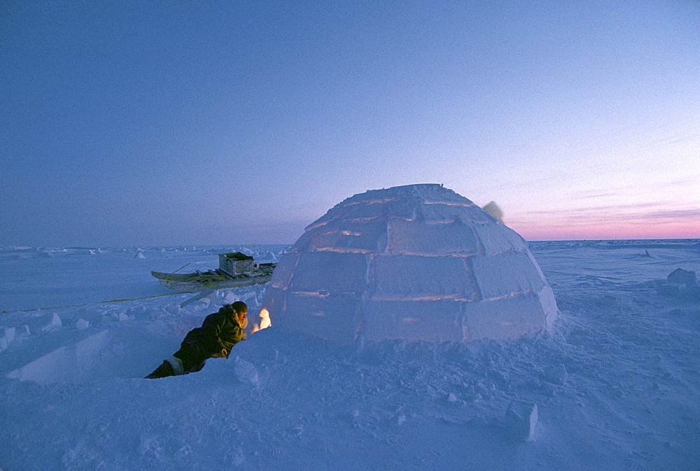 An igloo at sunset.