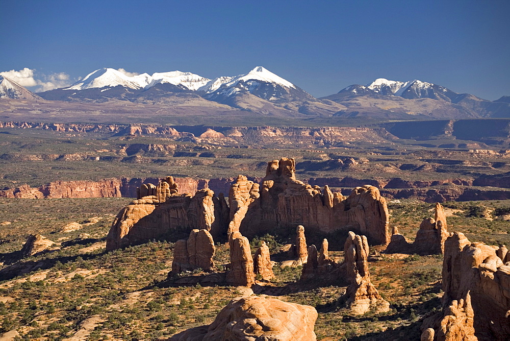 Rock formations and mountains in Arches National Park, Moab, Utah.