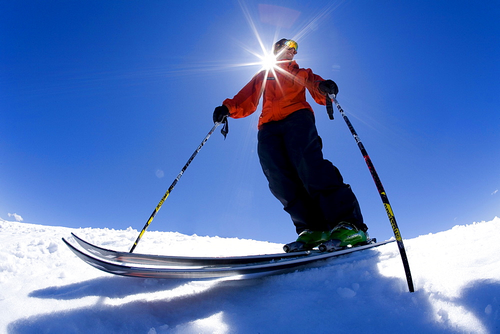 Portrait of skier at Kirkwood ski resort near Lake Tahoe, California.