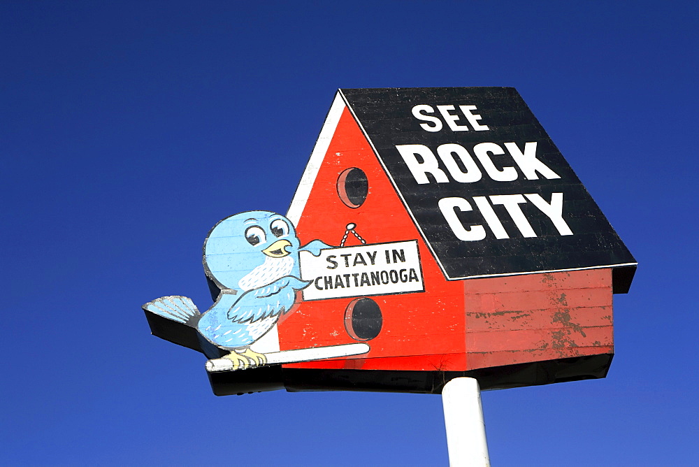 Oversized billboard advertising the tourist venue called Rock City in Chattanooga, TN