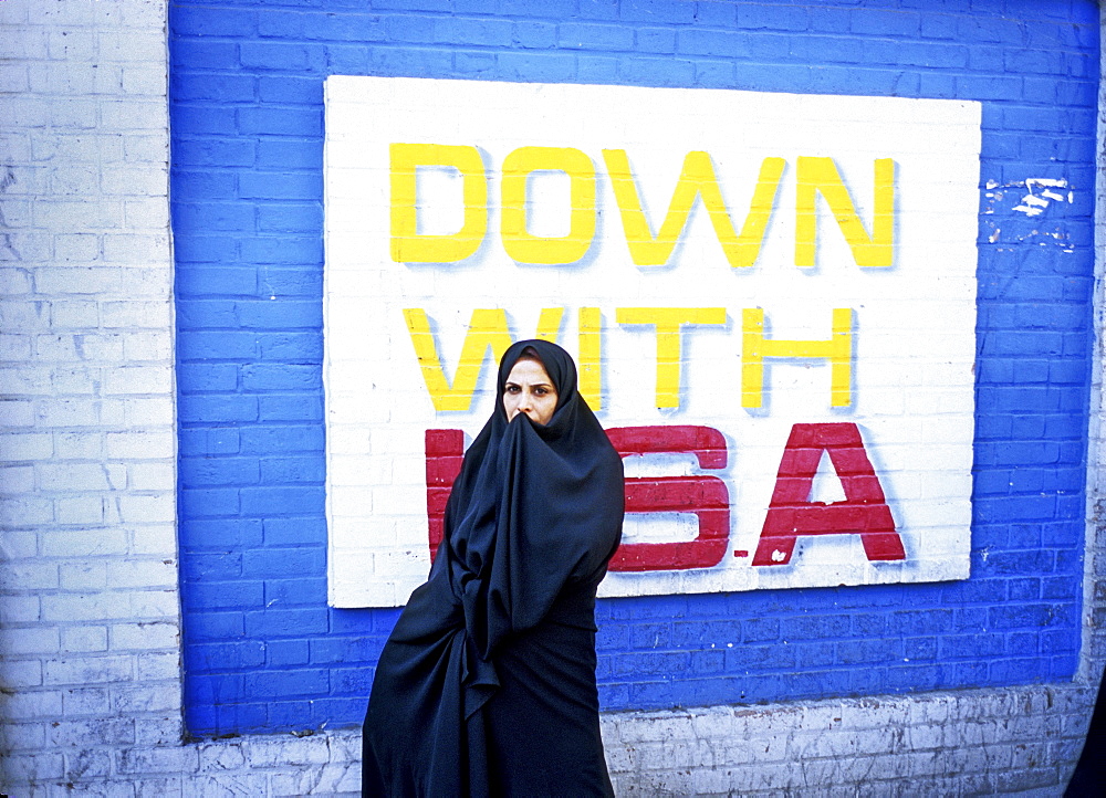 Anti-American murals painted on the wall of the former American Embassy in Tehran, Iran.