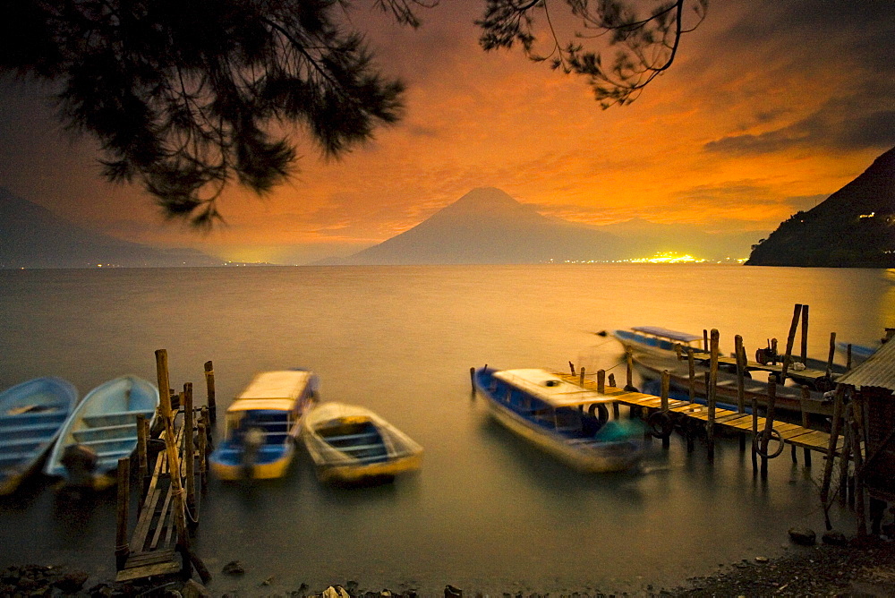 Boats moored for the night Lake Atitlan, Santa Cruz, Guatemala