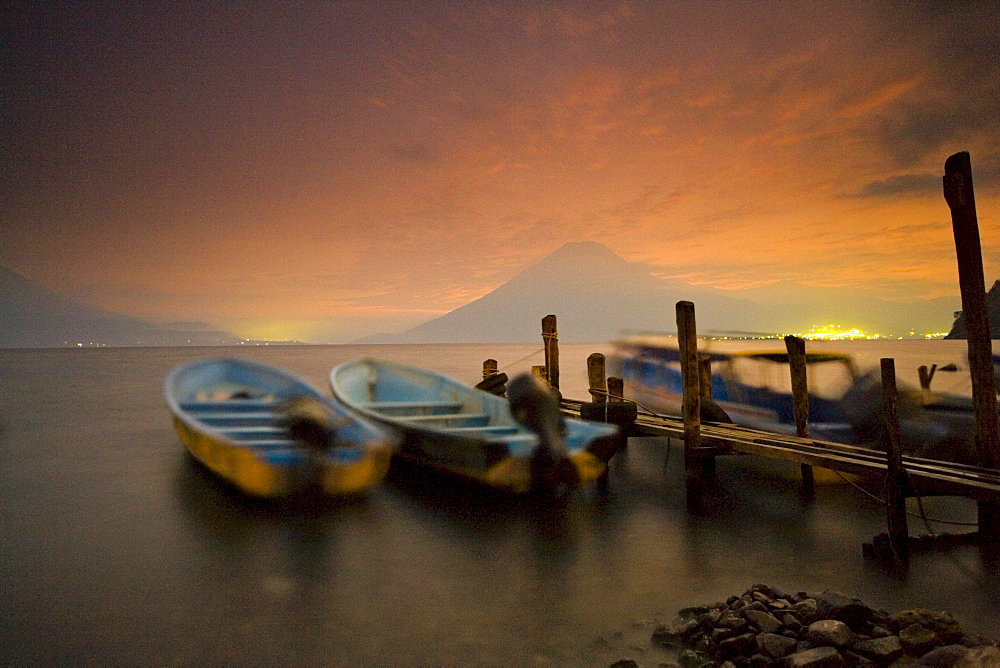 Boats moored for the night Lake Atitlan, Santa Cruz, Guatemala