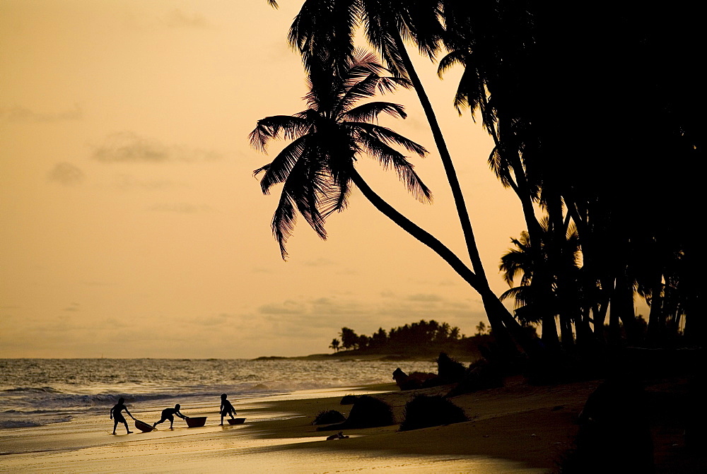 Kids playing on the beach at sunset