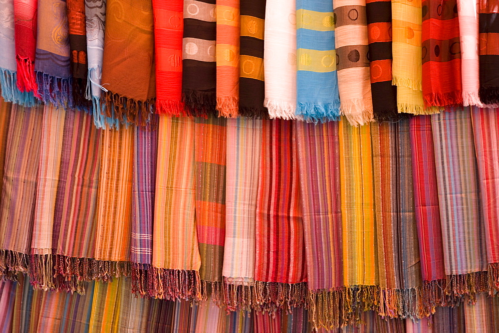 Colorful display of fabric swatches in Zanzibar