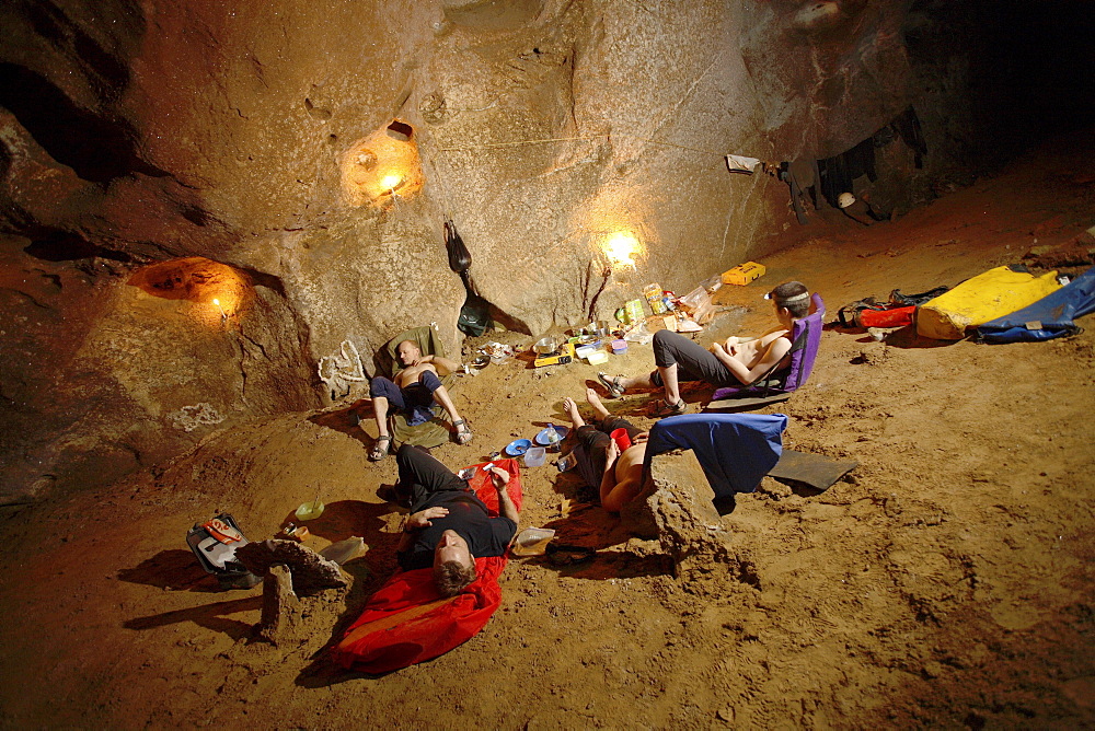 Camp life in what was termed 'The Geode Cafe' due to the crystal coated walls of this particular sandy space in Moon Cave.