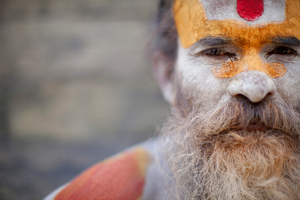 A Hindu priest, a sadhu and esthetic, with body paint poses in a Kathmandu, Nepal temple.