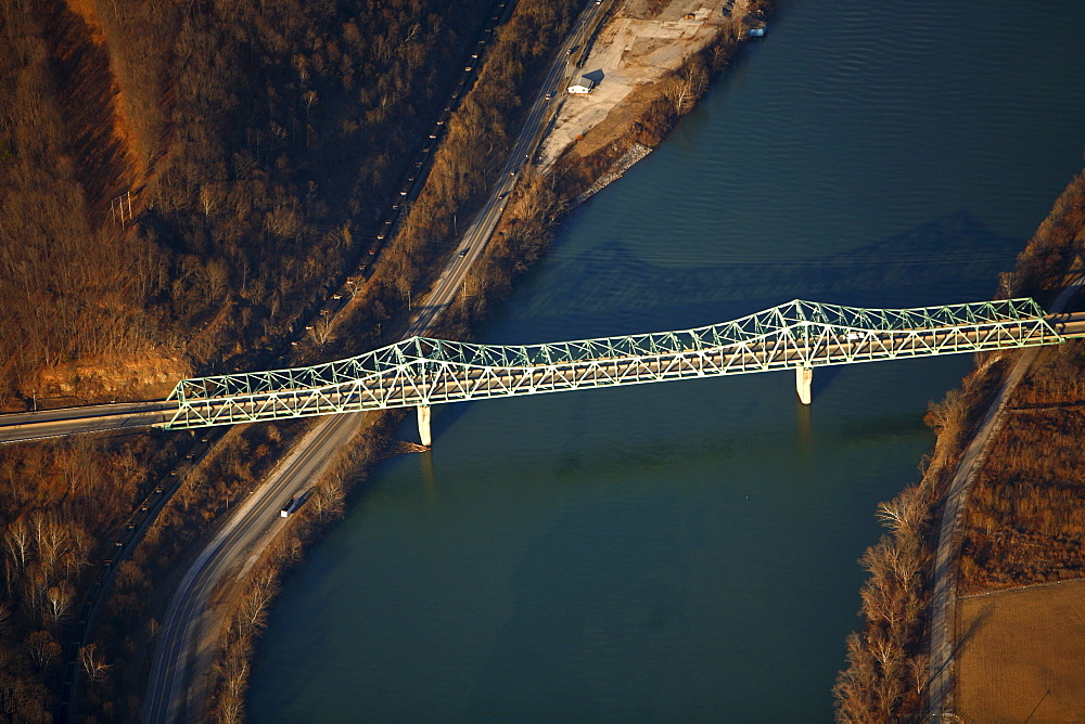 Aerial view of highway bridge over a river.