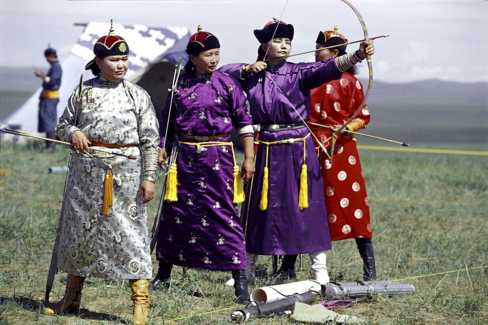 Women Archers at Naadam festival. Kharahorin, Cental Mongolia.