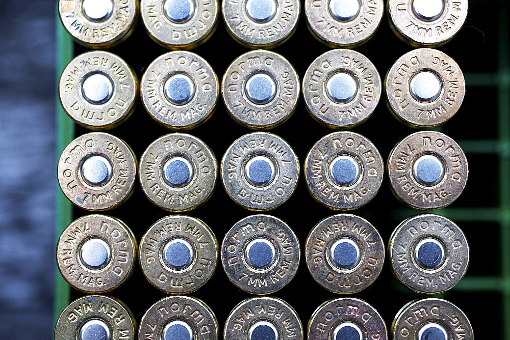 Detail shot of 7 mm rifle ammunition lined up neatly in rows.