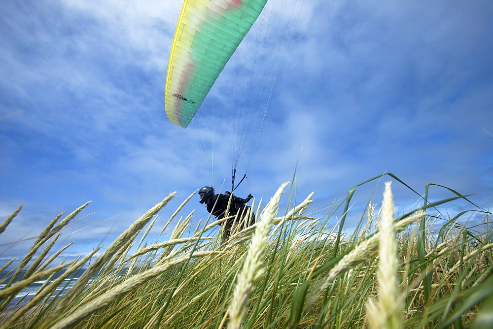 Low angle perspective of one male paraglider launching off of a grassy dune above the ocean.