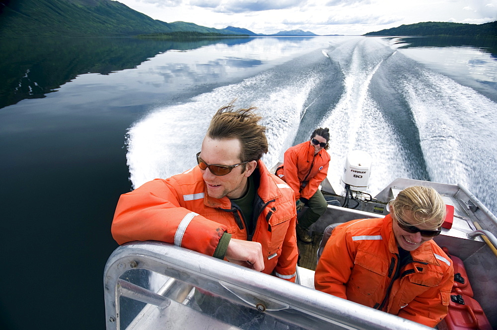 Fisheries scientists, Lake Aleknagik, Bristol Bay, Alaska, USA