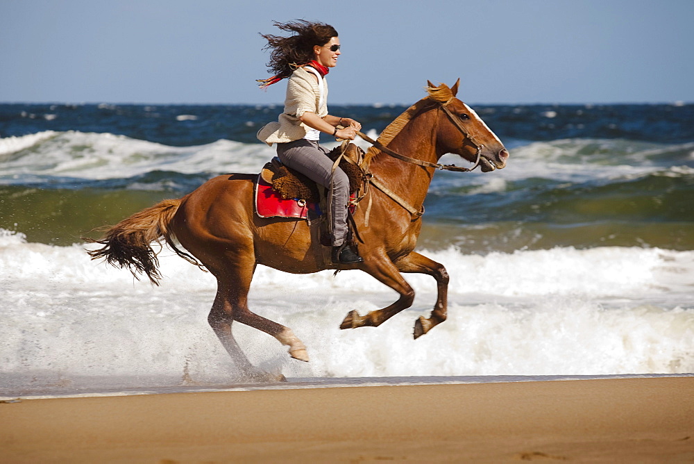 A woman rides a horse at the beach in Punta del Este, Uruguay.