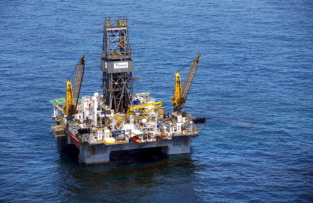 Aerial view of the Development Driller III, which is drilling a relief well at the site of the Deepwater Horizon oil spill, is surrounded by oily water in the Gulf of Mexico, off the coast of Louisiana. the source of the growing oil spill in the Gulf of M