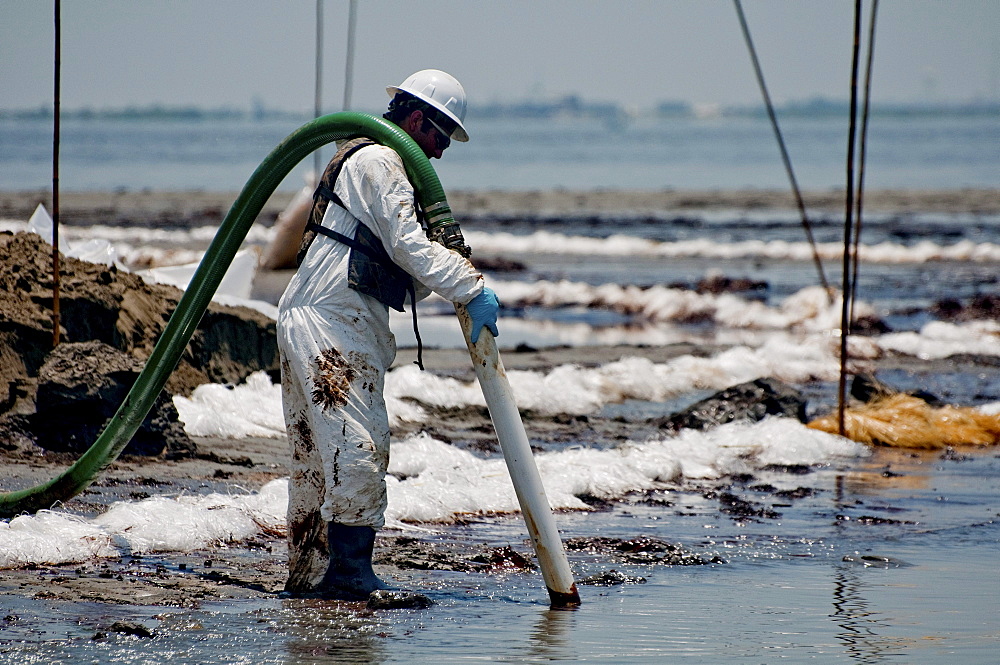 Clean-up crews sucking oil with vacuum tubes and placing absorbent pompom booms.