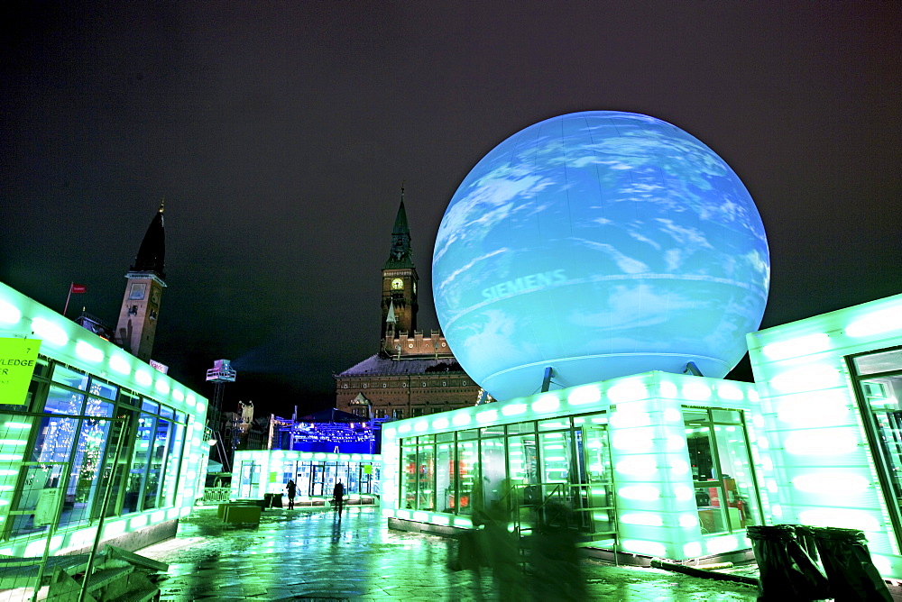 Main square in Copenhagen under the UN COP 15, a giant globe is sitting there acting as a canvas for projection.