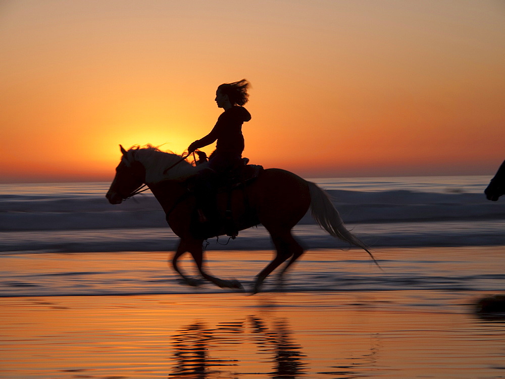 Riding a horse on the beach.