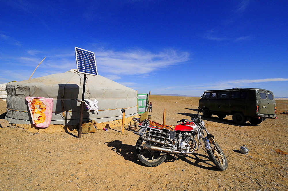 Modern nomadic camp in the Gobi Desert, Mongolia.