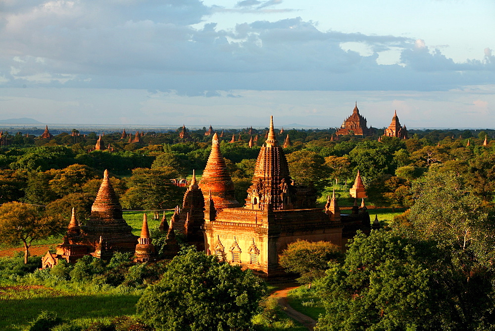 Pagodas and estupas in Pagan Silhouettes of the temples and pagodas of the old ruined city at dawn, Bagan, Myanmar, Asia