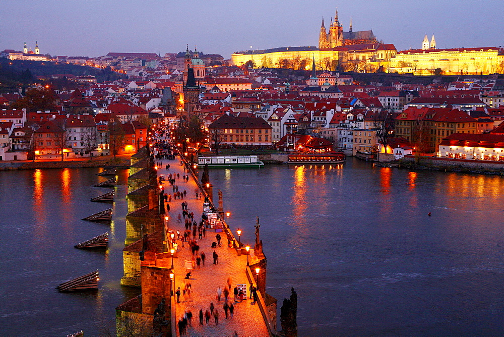 The Charles Bridge  over the Vitava River as seen from Stare Mesto tower