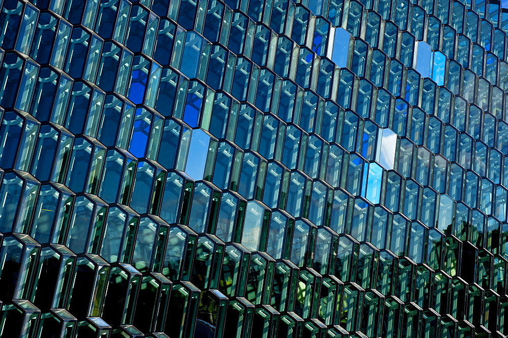 Building detail of Harpa "The Harp" concert hall in Reykjavik, Iceland.