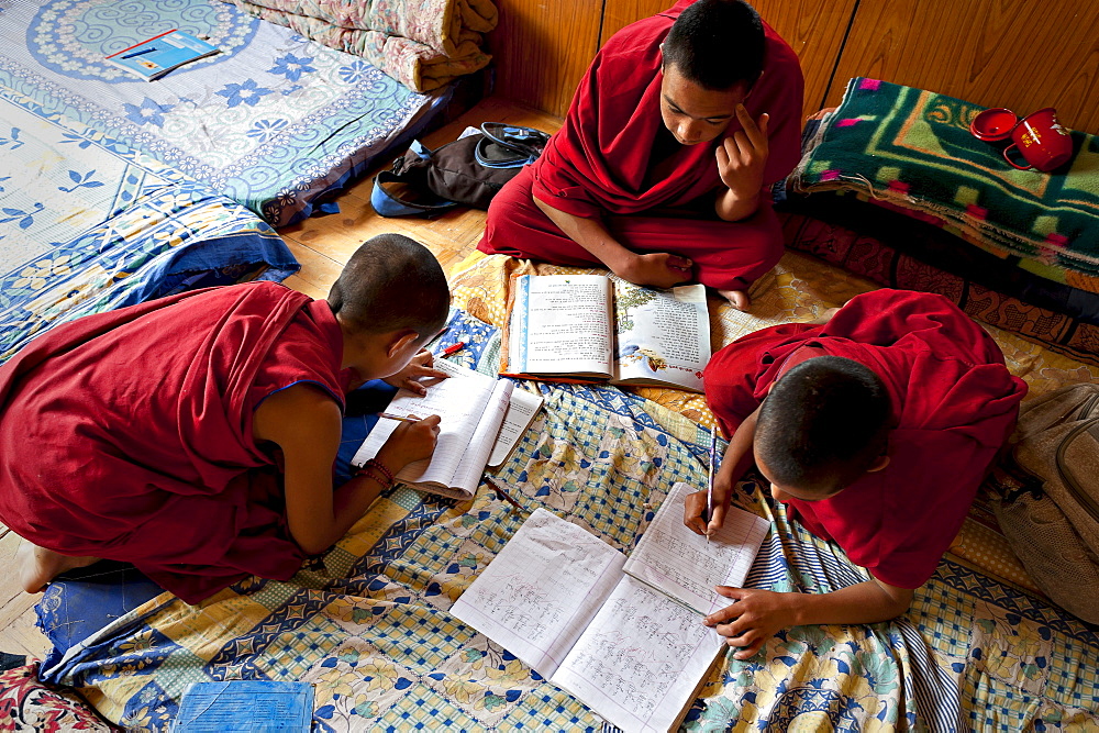 Young monks doing their homework, Likir Monastery, Ladakh, India.