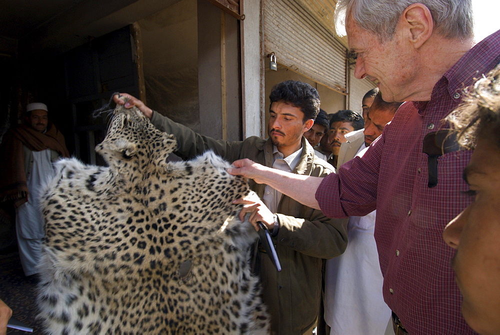 Wildlife biologist George Schaller examines a leopard skin being sold in the bazaar of Herat, Herat Province, Afghanistan.  Dr. George Schaller led a trip into the regions northwest of Herat to make a wildlife survey, looking especially for any signs of leopard, cheetah and wild ass.